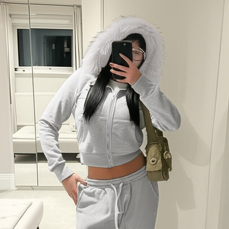 秋冬新款美式辣妹风毛毛领连帽卫衣拉链口袋拼接外穿休闲灰色外套|undefined