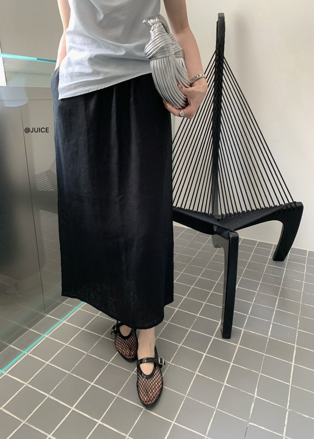 Chân váy linen cạp chun chữ A dáng dài nữ phong cách tối giản — màu đen, Xanh đen, Xanh nước biển, Màu cà phê chi tiết 13
