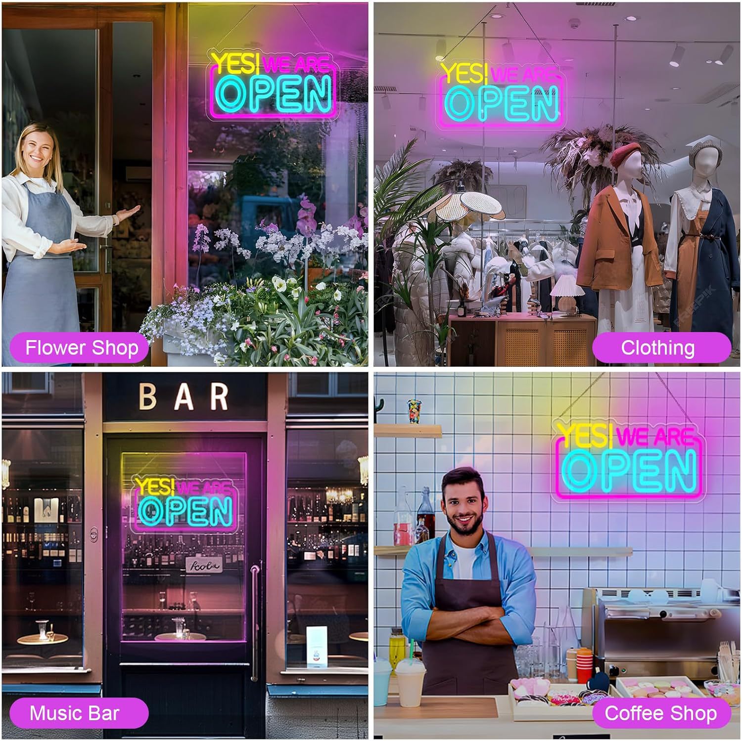 Decoración de tiendas de comercio exterior acrílico luz de neón personalizada colgada en la pared led placa de luz de neón abierta personalizada