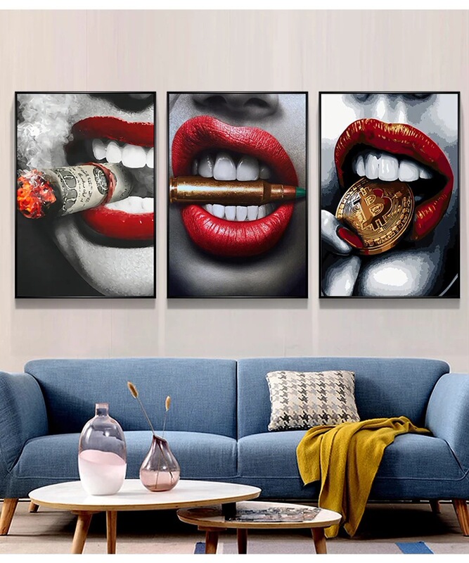 Living room decoration modern fashion sexy red lip canvas painting poster art picture home bar decoration painting core