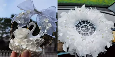 Car ornaments: Feel, Dashboard Safe Journey Car - lily-of-the-valley-swan-aromatherapy-ornament-crystal-bead-round-feather-pad