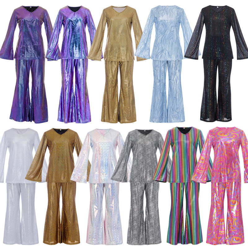 Cross-Border European and American Halloween Outfit 70S Elderly Disco Gold Foil Sequin Flared Sleeve Pants Headband Set