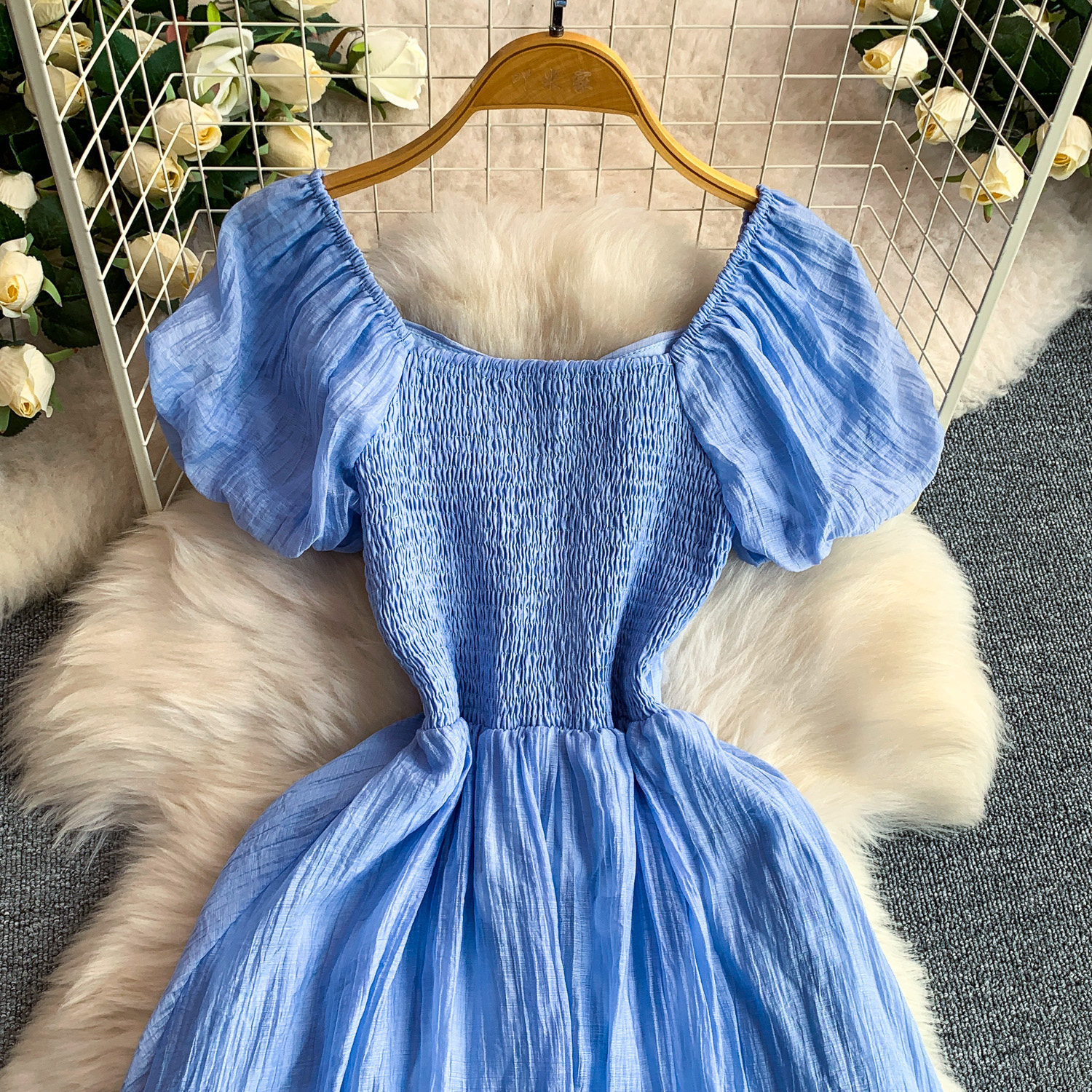 Women's French Style Elegant Square Neck Puff Sleeve Dress Casual Slit Long Skirt Pleated Waist Slimming Summer Style_ecoleips.com