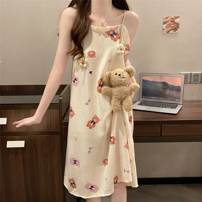 Pijama de mujer de verano dulce chaleco de cinturón de pecho tejido de algodón espuma tela arrugada pijama de mujer de verano vestido lindo