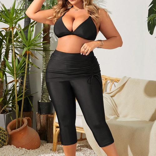2025 AliExpress Plus European and American Plus Size Women's High-Waisted Bodycon Conservative Hot Spring Beach Short Length Swim Trunks