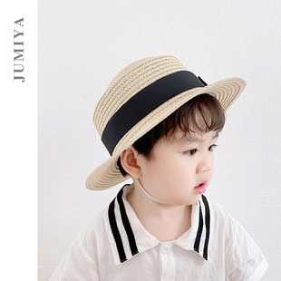South Korea Children's Straw Hat Summer British Simple Sun Protection Sunshade Baby Girl's Sun Hat Boy's Beach Hat