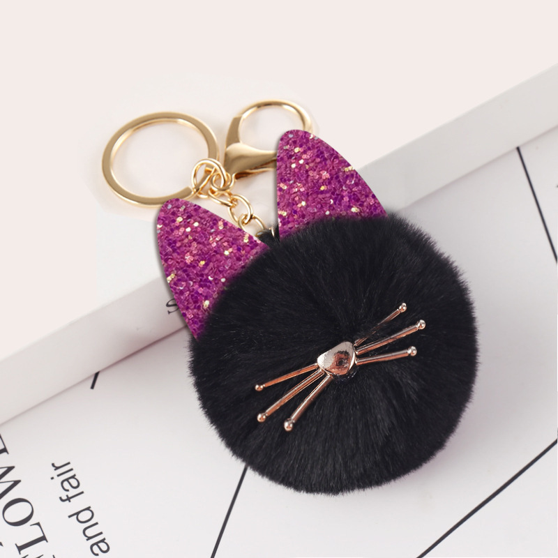 Cute Cat Alloy Plush Sequins Bag Pendant Keychain display picture 2