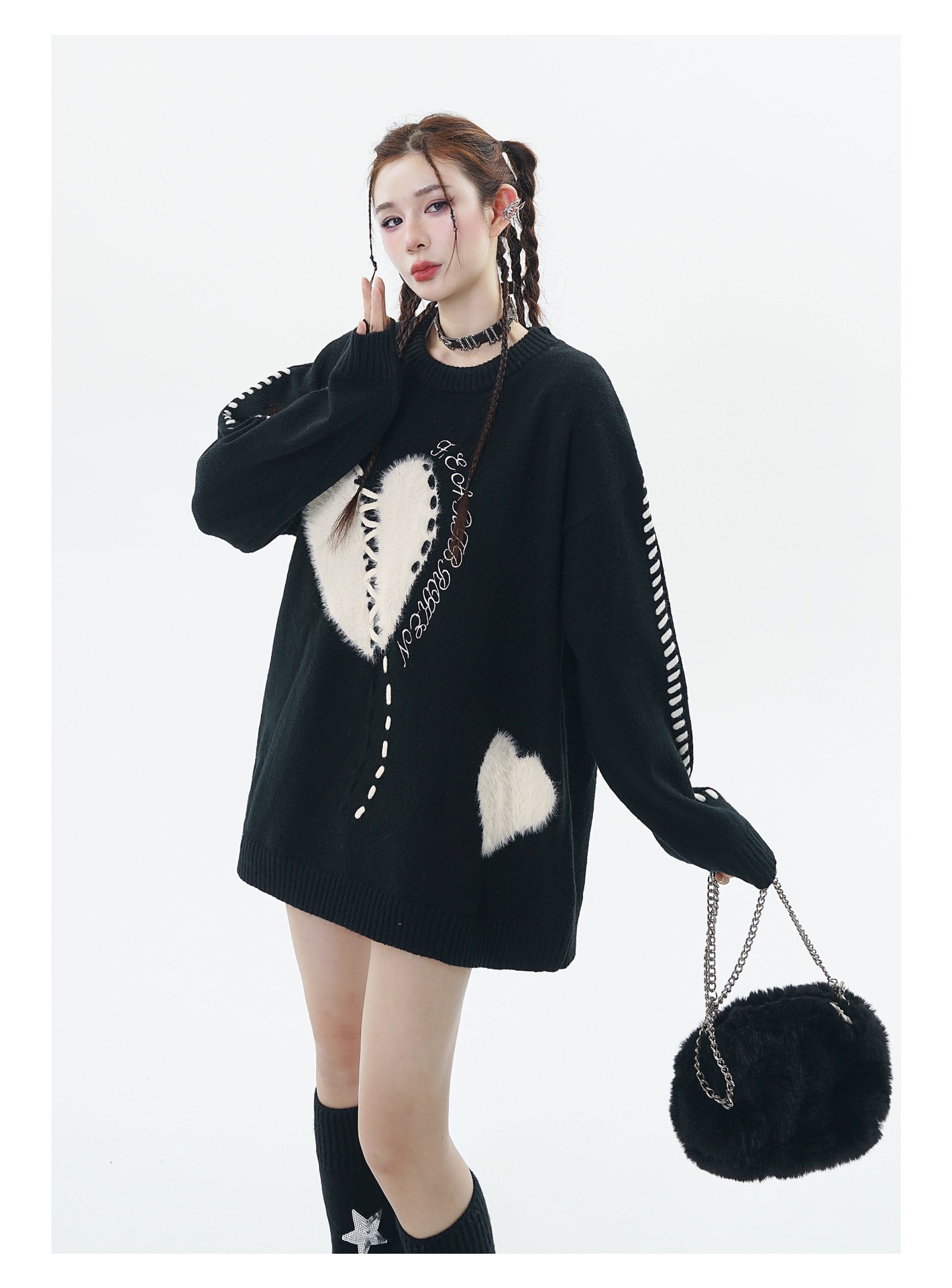 Herrenbekleidung Street Fashion Marke Liebe Stickerei Design lockerer Rundhals-Strickpullover_voghion.com