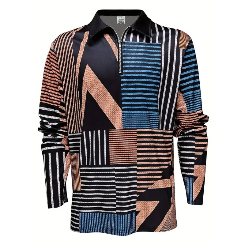 Camisa POLO con cremallera de manga larga y suelta con estampado 3D a rayas geométricas abstractas simples y versátiles para hombres