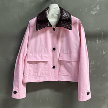 2025女士新款羊皮编制领粉色风衣夹克外套欧货时尚潮流外套