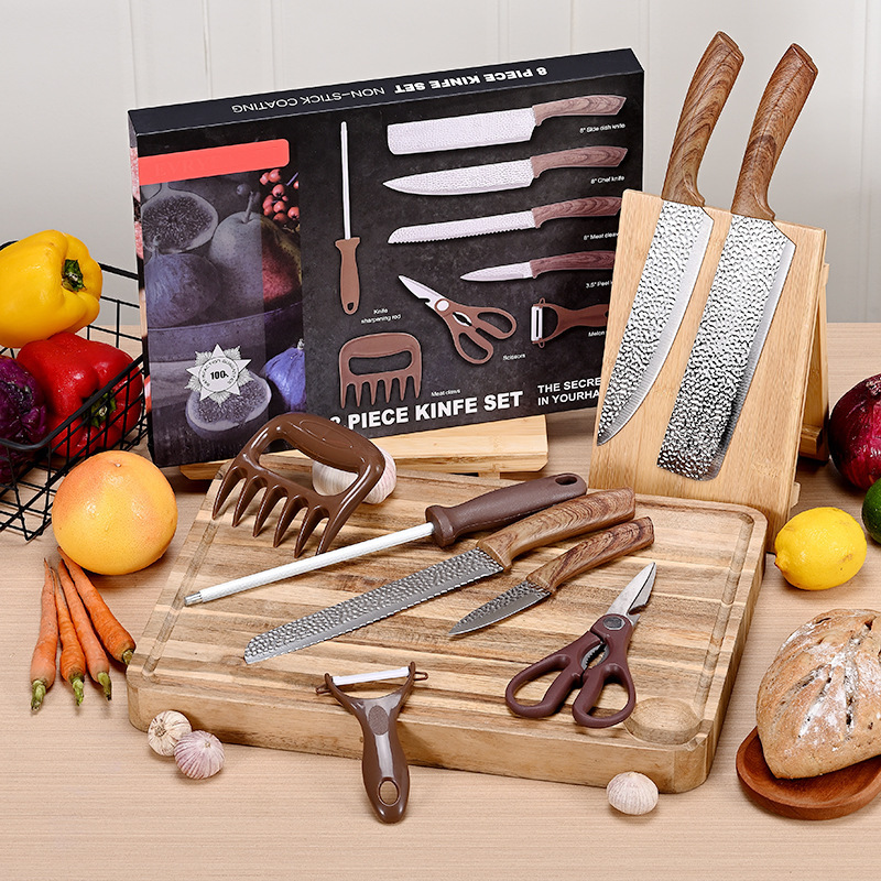 Mango de madera recubierto 8 piezas de cuchillo de cocina cuchillo de frutas cuchillo de garra de oso afilador cuchillo de cocina cuchillo conjunto