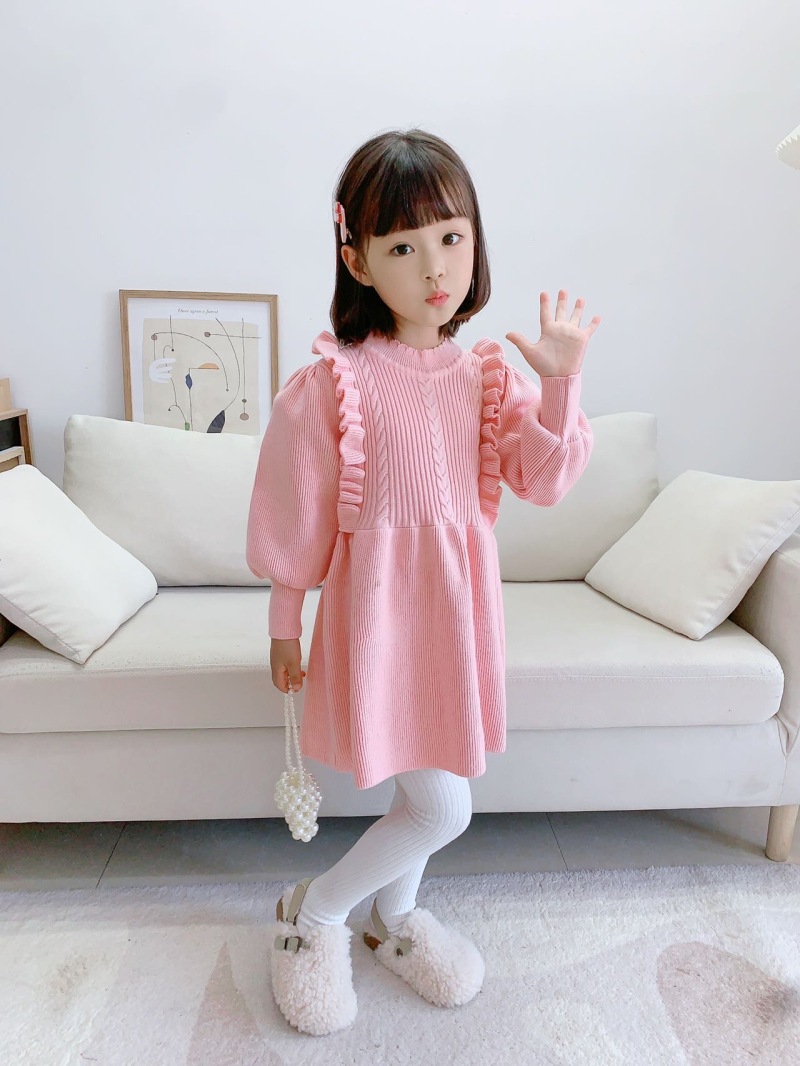 Girls Knitted Dress Autumn Winter Solid Colour Long Sleeve Style_voghion.com