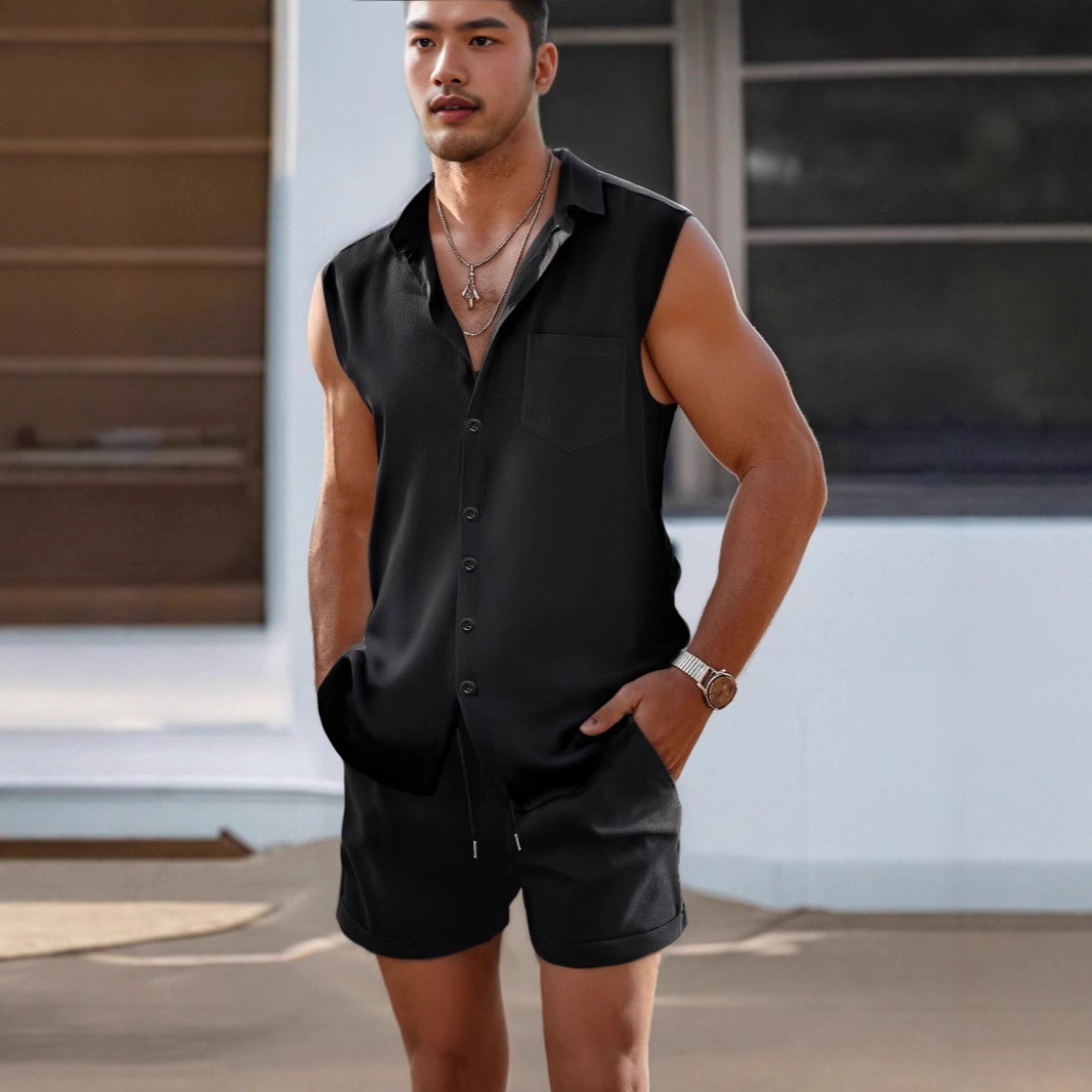 하와이 솔리드 컬러 민소매 코튼 린넨 셔츠 아마존 독립 스테이션 라펠 비치 셔츠 크로스보더 솔리드 컬러 남성 의류