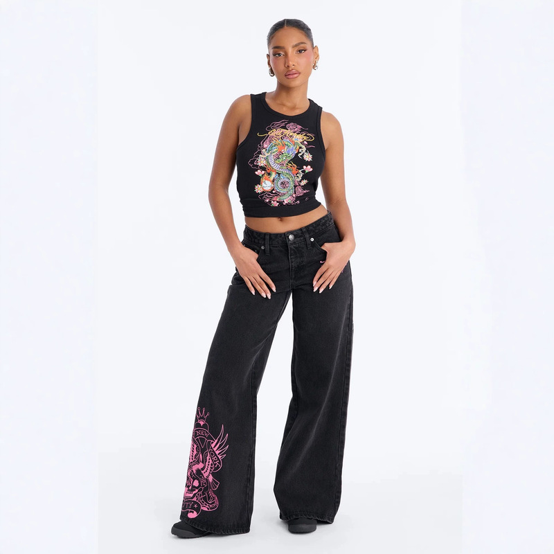 European and American Cross-Border Trendy Brand Ed Hardy Street Hip-Hop Skull Print Straight-Leg Jeans American-Style Loose Wide-Leg Pants European and American Cross-Border Trendy Brand Ed Hardy Street Hip-Hop Skull Print Straight-Leg Jeans American-Style Loose Wide-Leg Pants