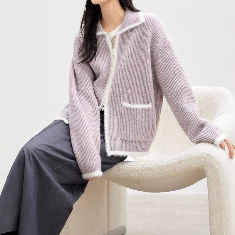 Super Nice Imitation Mink Fur Contrasting Color Sweater Jacket for Women 2025 Autum New Style Lazy and Relaxed Knitted Cardigan
