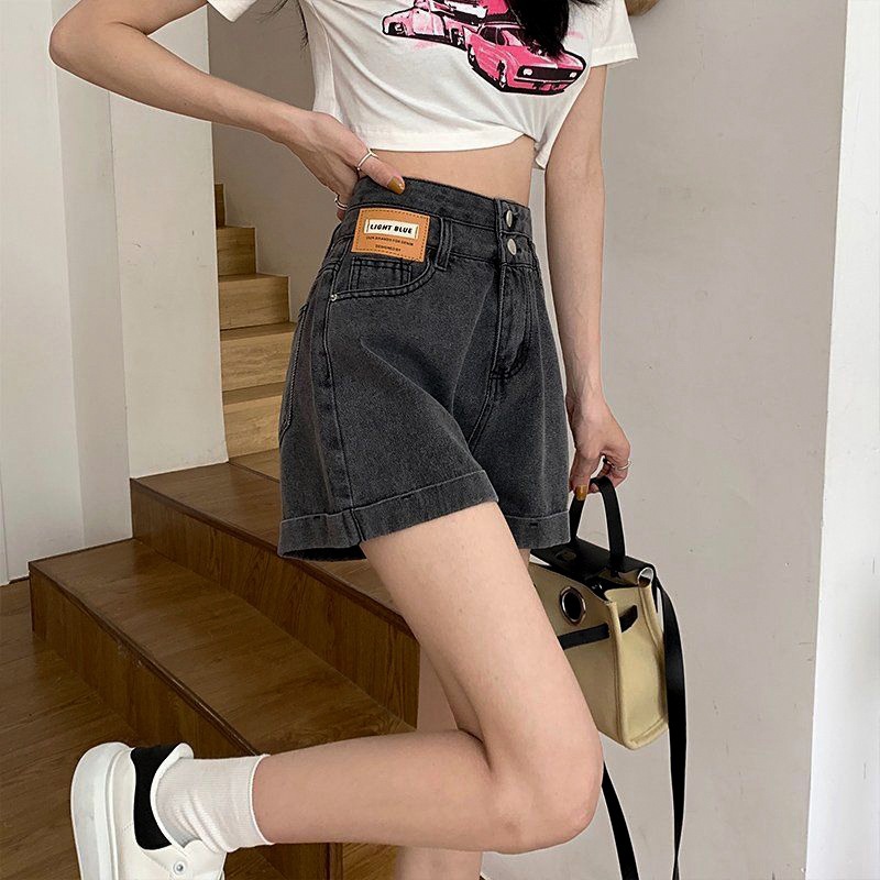 Design-Sense Labeling Denim Shorts Women's Thin A- Shaped Double-Buckle High-Waist Straight Curled Wide-Leg Outer-Wearing Hot Pants for Summer