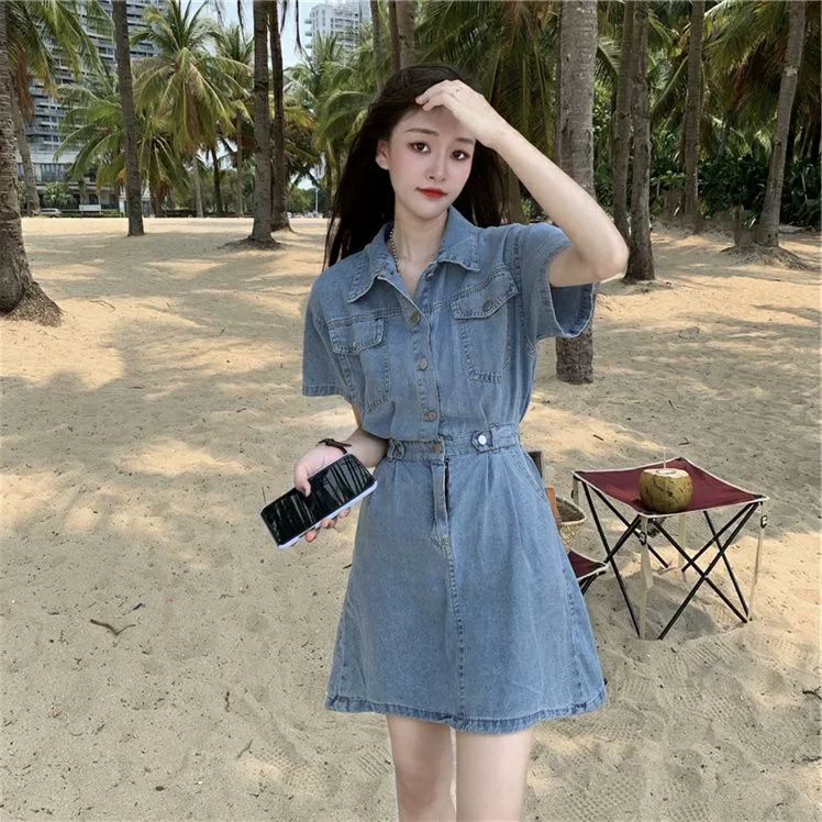 Джинсовое Платье женское лето 2021 Новый французский дизайн Sense маленькая Талия приталенная элегантная юбка