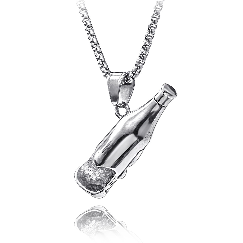 Collana alla moda in acciaio al titanio per uomo, pendente hip-hop alla moda e versatile, accessorio per bottiglia di birra lunga e aperta_voghion.com