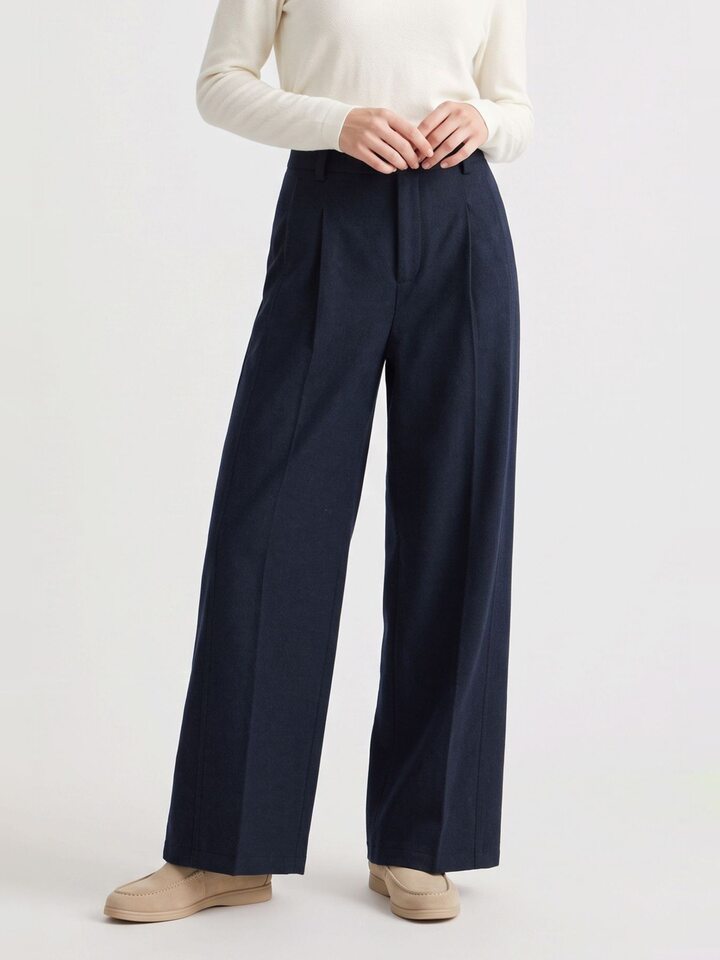 Quần ống rộng lưng cao dáng suông chất len cashmere phối len cừu — Xanh navy