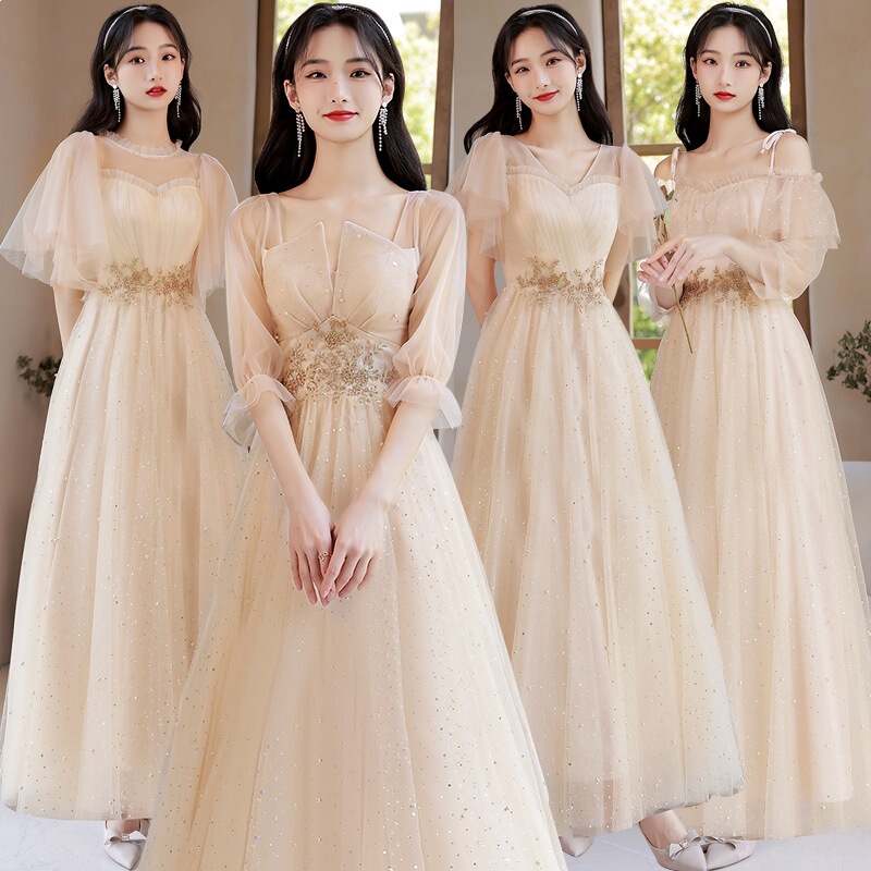 Champagne-Colored Bridesmaid Dresses with a Slimming Effect, 2026 New Style, Suitable for Hosts and Bridesmaid Groups, Fairy-Like Evening Gowns