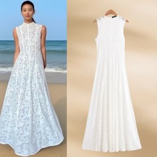 外贸2025法式小众春夏时尚气质白色蕾丝钩花圆领背心连衣裙长款
