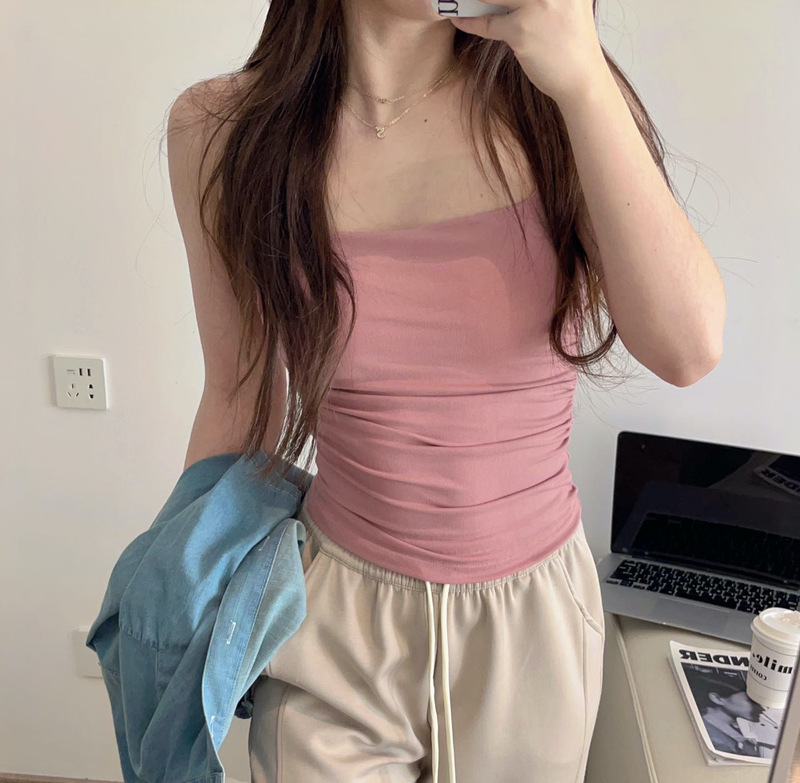 Yeyuan Bra Camisole with Built-In Bra Pads, Integrated Cup, Slim Fit, Ruched Base Layer Tank Top for Women, Summer Short-Sleeve, Short Style