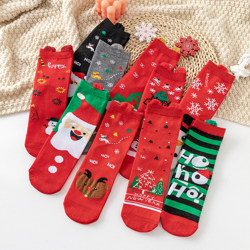 Cotton Lady Cartoon Christmas Socks, Whimsical Halloween Mid-Calf Socks, 3D Ear New Year Socks, Red Socks