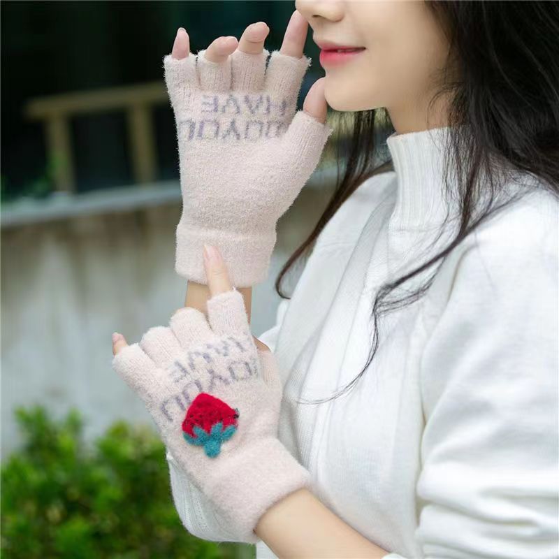 Invierno de las mujeres cálido forrado de lana engrosada estudiante escritura de moda montar lindo punto medio dedo flip guantes de dibujos animados