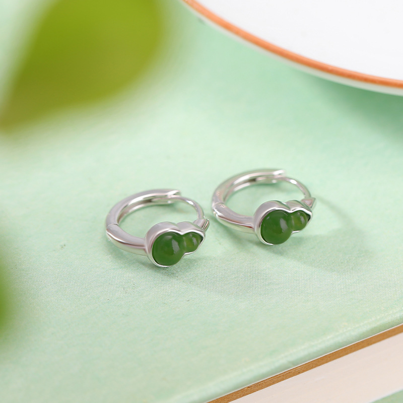 Khuyên tai bạc S925 hình hươu đính ngọc bích phong cách cổ điển — Một cặp