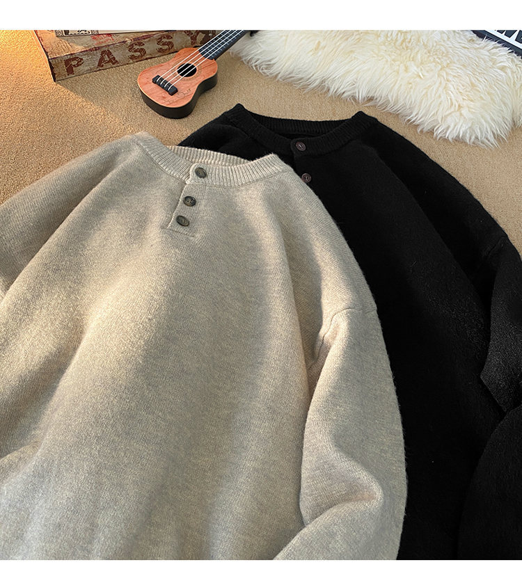 Cleanfit Henley Knit Sweater – Heavyweight Relaxed Pullover With Ribbed Hem_voghion.com