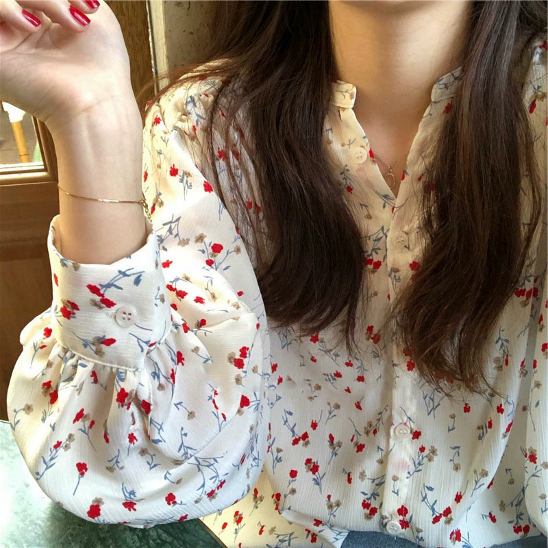Весенняя маленькая винтажная шифоновая рубашка с цветочным принтом, Женская нишевая Милая Нежная рубашка с длинным рукавом