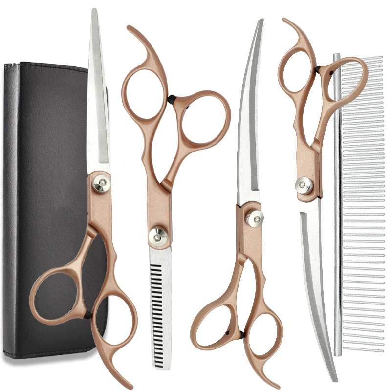 Tijeras de belleza para mascotas directas de fábrica tijeras de corte de pelo de perro tijeras planas profesionales tijeras curvas Teddy corte de pelo tijeras de belleza traje