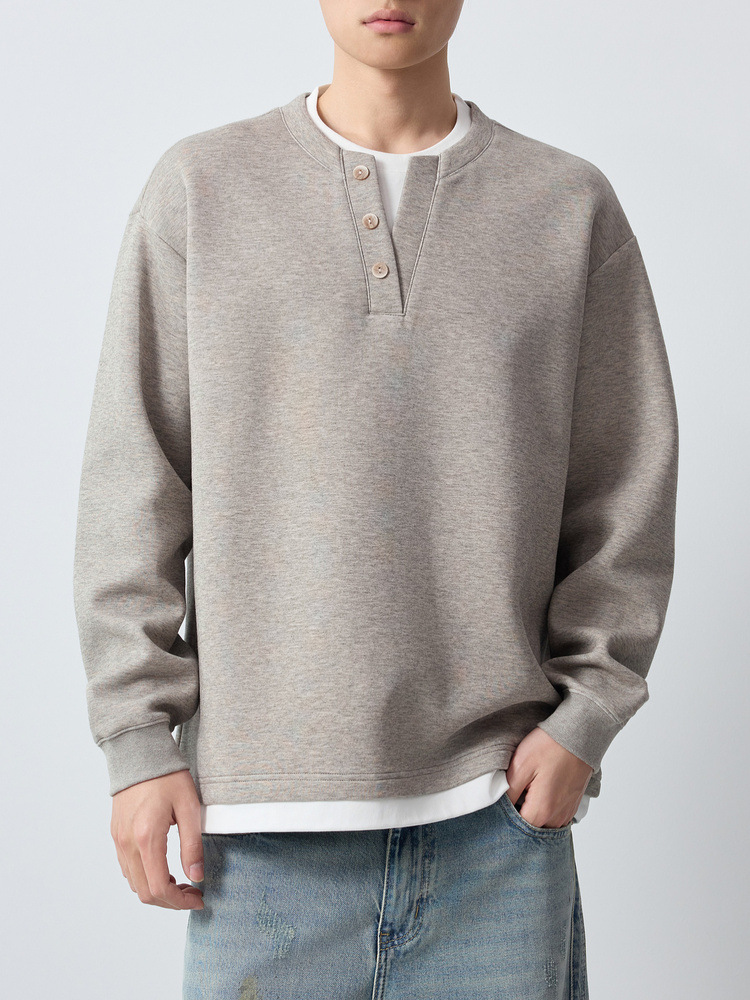 Áo hoodie nam nỉ hai lớp giả phối cổ tròn tay dài — Xám hoa sâu chi tiết 4