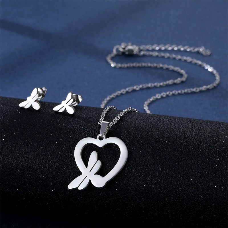 fashion stainless steel hollow heart-shaped dragonfly necklace earrings
