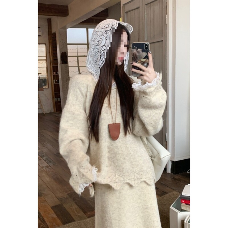 Lace Stitching Loose Pullover Hooded Sweater Women's Autumn and Winter Fashion Suit High Waist Knitted Half-Length Skirt Two-Piece Set