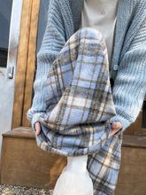 蓝色毛呢格子裤女秋冬季2024新款加绒高腰宽松垂感窄版山本阔腿裤