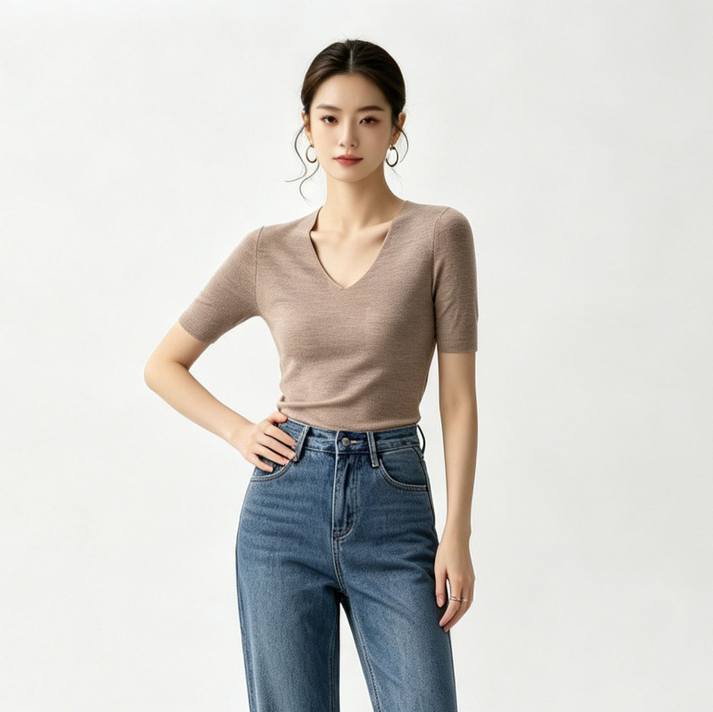 New Summer Yangtze Wool Short-Sleeved Bottoming Shirt Top Slimming Fashion Versatile Sweater for Women