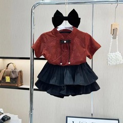 2024新款女童夏季套裝寶寶洋氣國風兒童中式短袖百褶裙兩件套潮