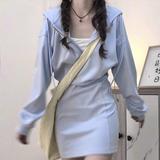 Early Autumn Women's 2024 New Blue Waist Slimming Hooded Long Sleeve Hip Dress Spring and Autumn Sweater Dress