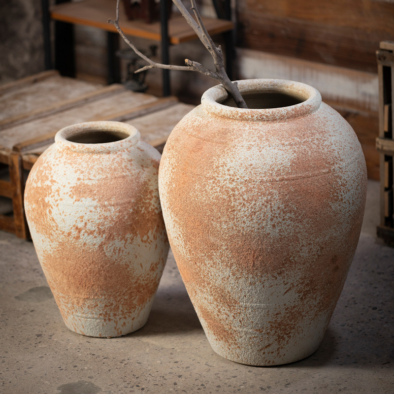 Orange and White Floor-Standing Coarse Pottery Vase, High-End Decor for Hotels and Guesthouses, Rustic Wabi-Sabi Style, Zen-Inspired Dried Branch Flower Arrangement Vessel, Free Shipping
