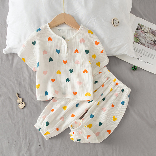Children's gauze pajamas summer short-sleeved long pants cotton fabric boys and girls home clothes baby air conditioning clothes set thin style