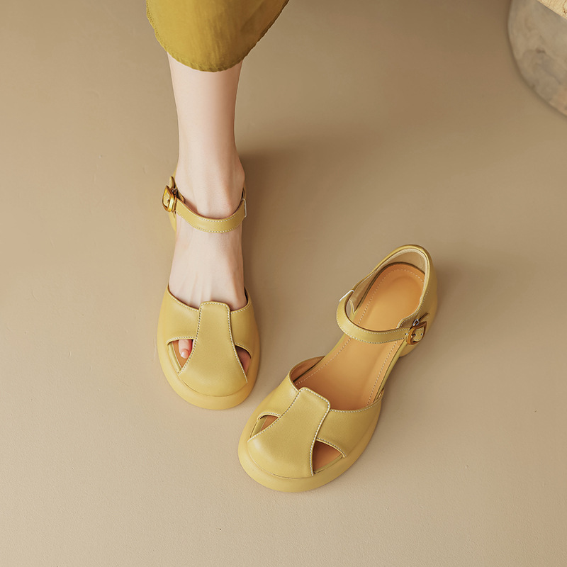 Sandal nữ quai ngang đế dày gót thô phong cách thể thao — Màu vàng ngỗng