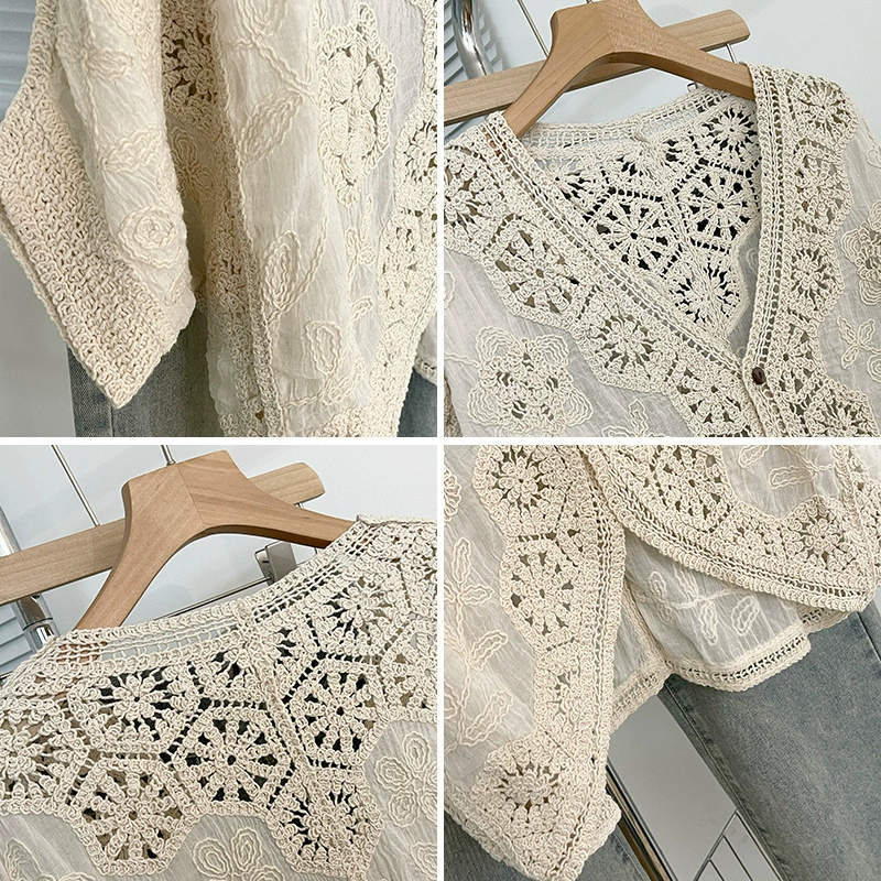 Реальная съемка~ женский новый стиль большого размера ворот crochet цветок полый рукав три четверти солнцезащитный кардиган толстеющий верх