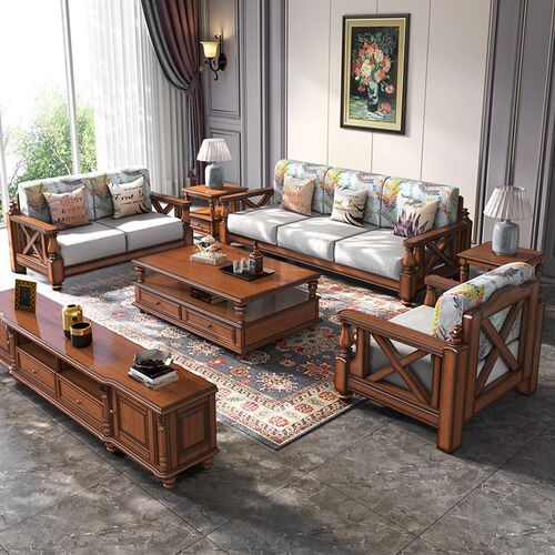American country-style solid wood sofa with fabric decorations, small apartment living room retro furniture pastoral 123 combination three-seater sofa