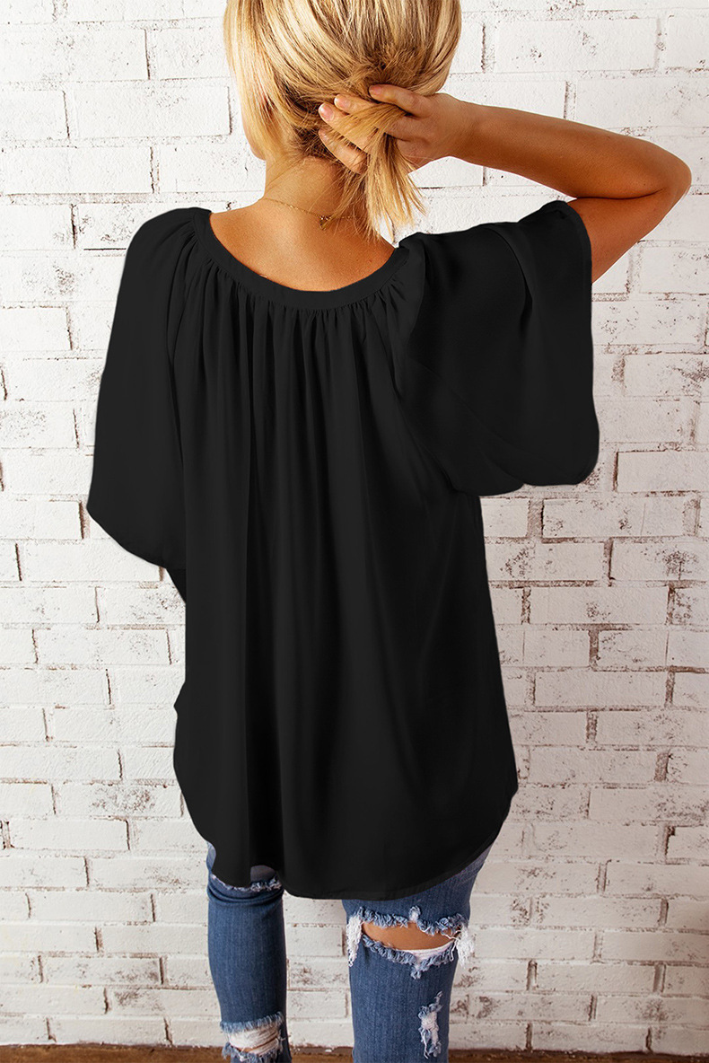 Women's V-neck T-shirt Loose Quarter Sleeve Summer Pullover Top_voghion.com