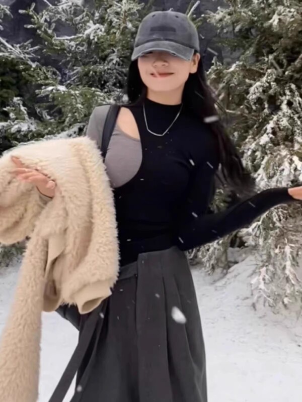 2025 新しい純粋な欲望気質カラーブロック偽ツーピーススリム長袖ニット Tシャツ女性の初秋痩身多用途トップ|undefined