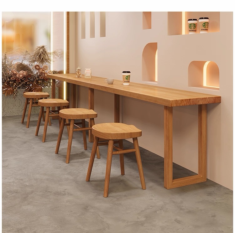 Noodle Restaurant Table and Chair Bar Counter Against the Wall All Solid Wood Long Narrow Dining Table Commercial Milk Tea Barbecue Shop Low Bar Table