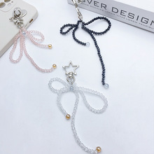 韓國超火手工制作水晶米珠蝴蝶結手機配飾簡約時尚卡冊掛鏈包掛飾