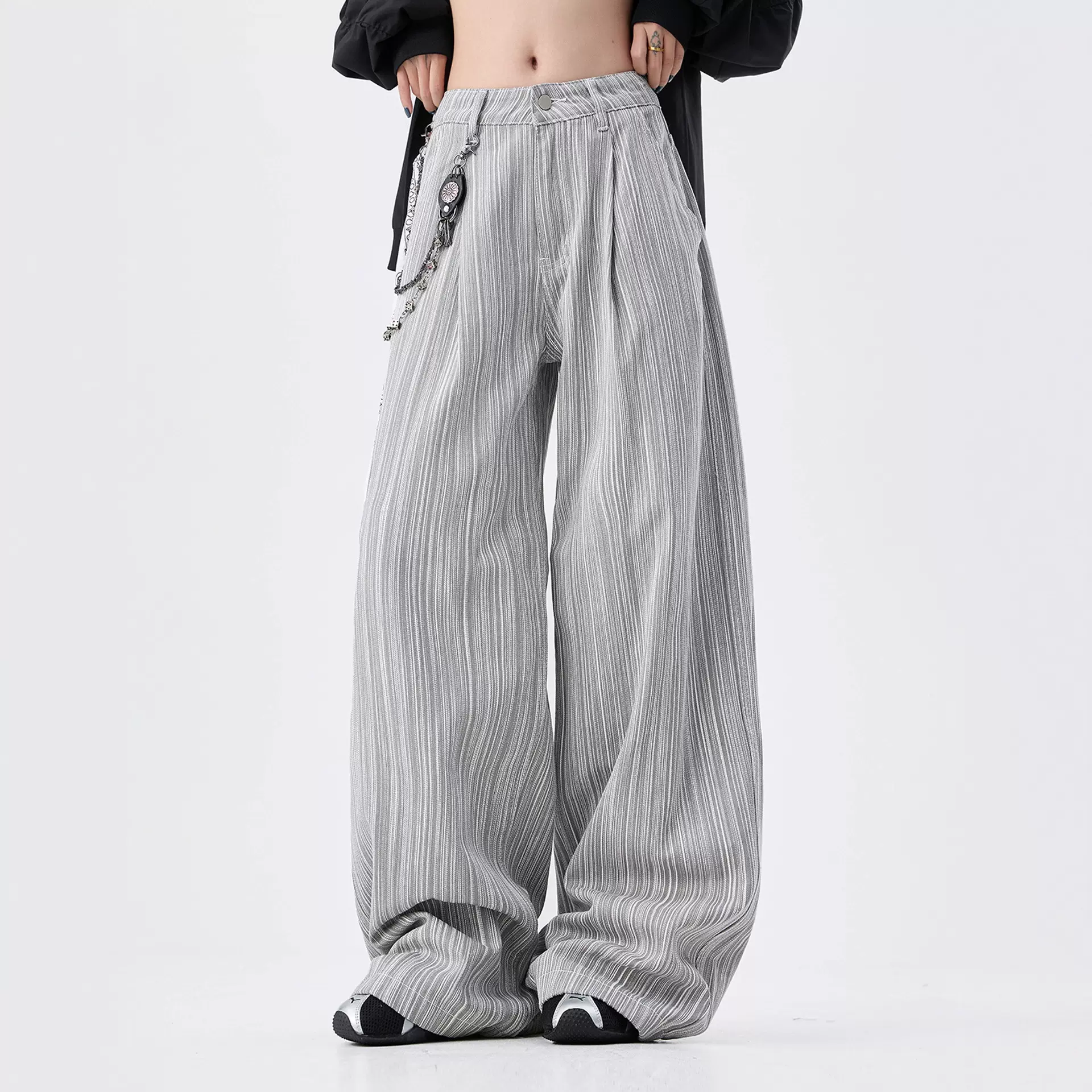 高街条纹阔腿西裤男2025年春秋季新款宽松潮流休闲百搭拖地长裤子