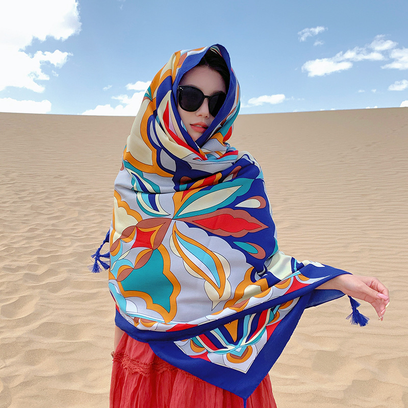 2023 nuevo Dunhuang desierto juego foto bufanda estilo étnico colorido gran flor bufanda exterior protección solar para las mujeres